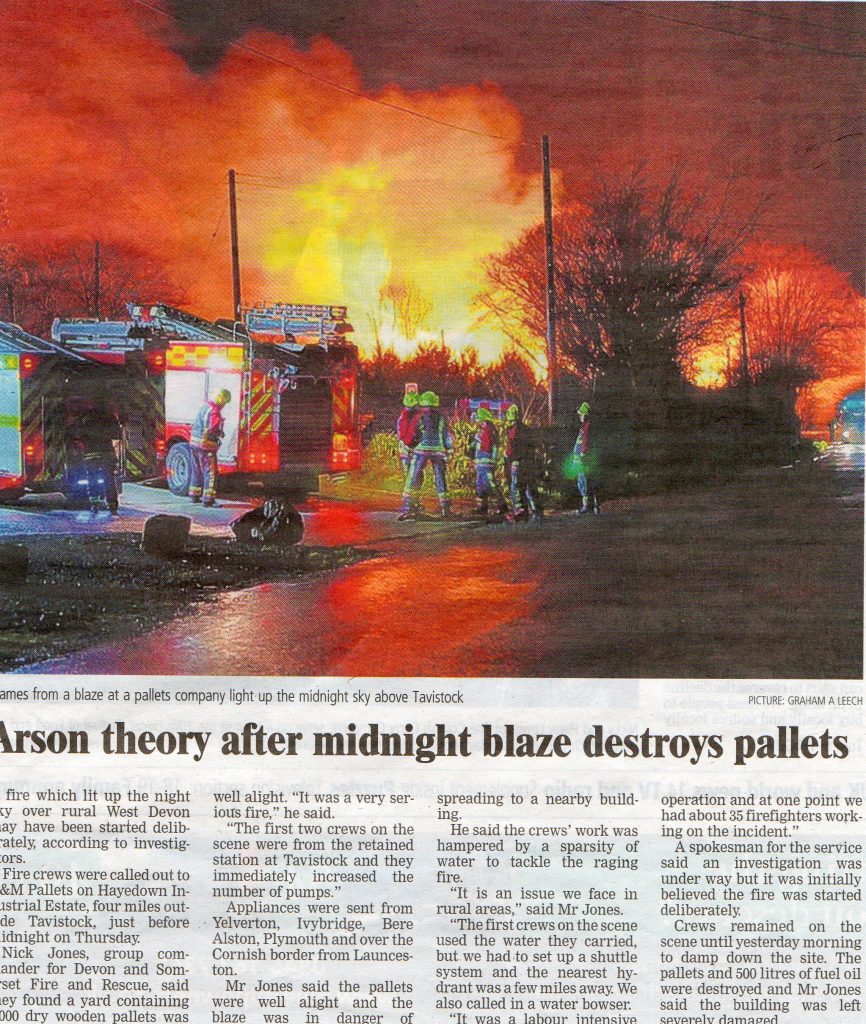 Pallet fire at A &M Pallets, Lamerton, April 26th, 2013.