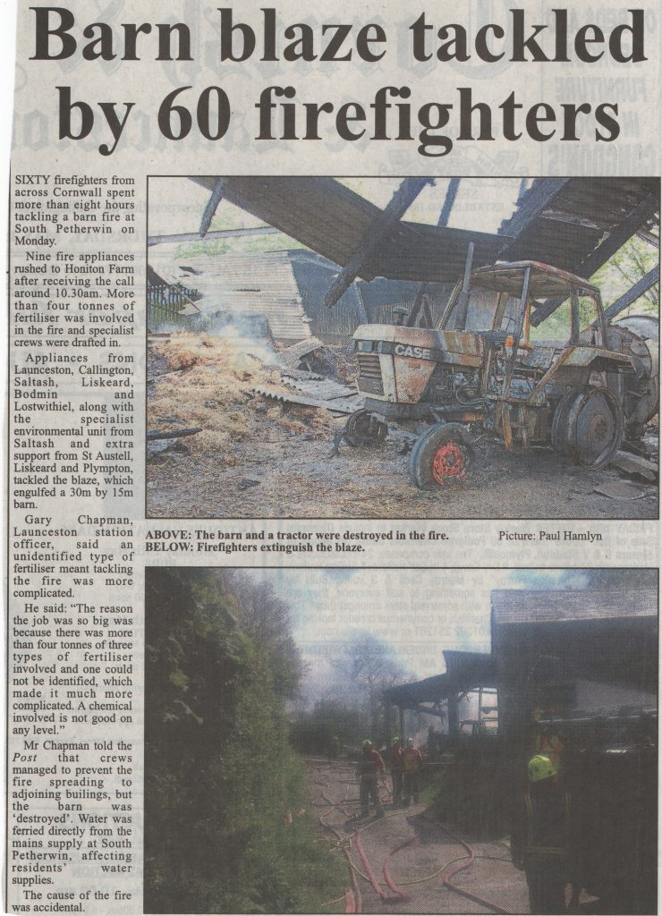 Shed Fire at Honiton Farm, South Petherwin, May 2014.