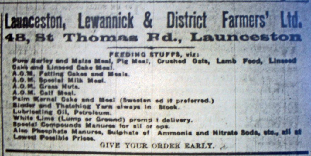 Launceston, Lewannick & District Farmers Advert from May 1925.