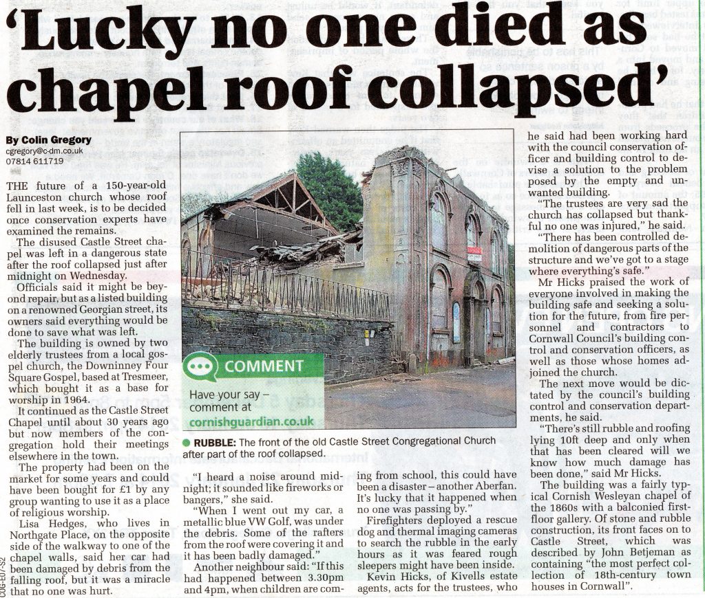 The collapse of the old Congregational Chapel, Castle Street, Launceston, November 28th, 2013.