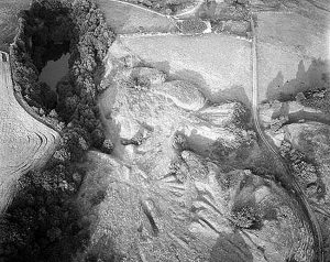 Aerial view of the earthworks of Lifton Quarry Lime Kilns 1959