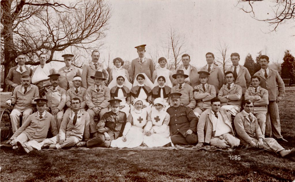 Private Harold Broad of the Dorset Regiment 3rd on the left back row in hospital 1917.