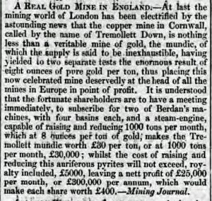 Tremollett Downs Mine, Mineral Journal Report, December 31st, 1853.