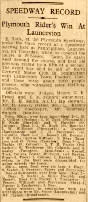 Launceston Speedway at Pennygillam Saturday, July 18th 1936.