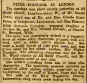 Gerald and Florence Peter Wedding, Western Daily Mercury. September 5th, 1912