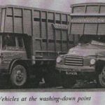 Glover and Uglow lorries lined up at what is possibly the Launceston Livestock Market washdown.