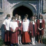 North Petherwin Church Choir in 1974 from left Gary Keat, Ian Harvey, Lynn Danning, Catherine Vickery, David Edgecombe, Johnny Bird, Karen Bird, Joy Edgecombe, Janet Edgecombe, and Janet Denford. Photo courtesy of Gary Keat.