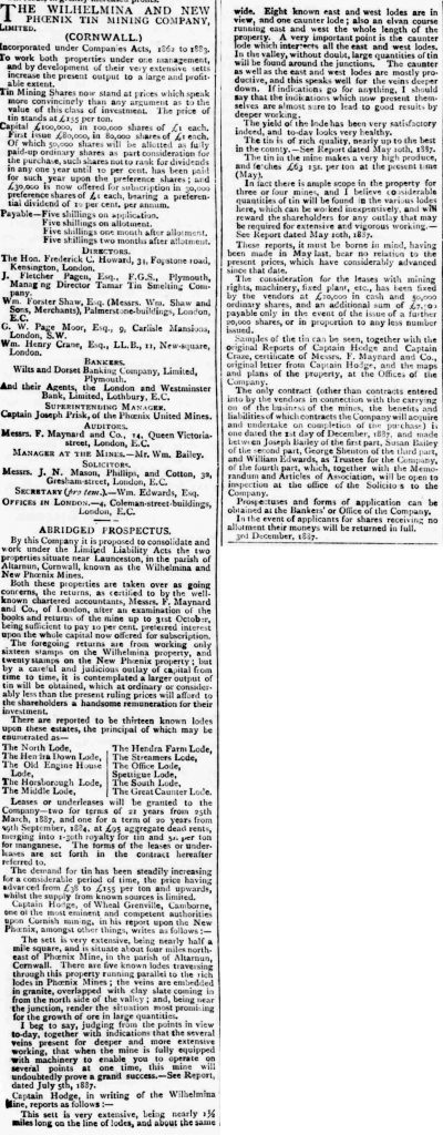 New Phoenix mine report from December 1887