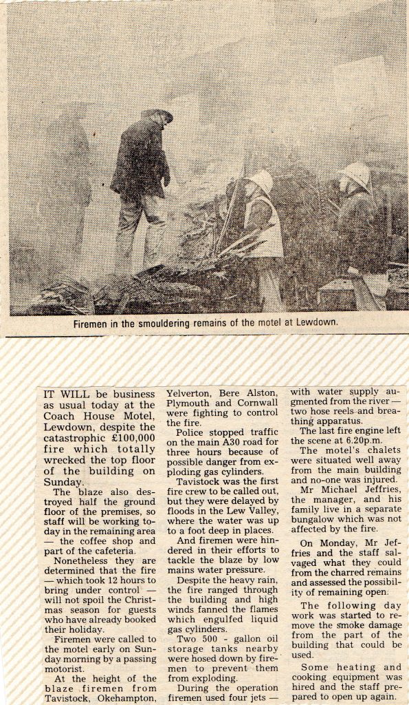 Fire Damage to the Coach House Motel, Lewdown, December 20th, 1981. Photo courtesy of Gary Chapman.