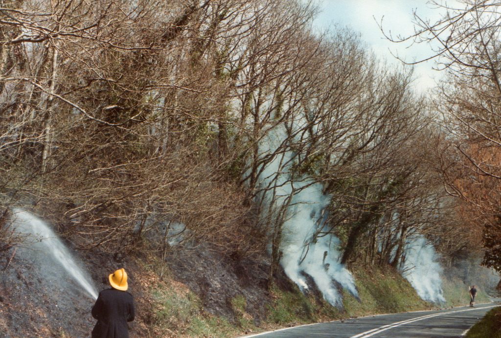 Hedge Fire on the A388 at Treburley, 1983. Photo courtesy of Gary Chapman.