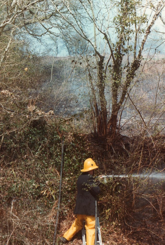 Hedge Fire on the A388 at Treburley, 1983. Photo courtesy of Gary Chapman.