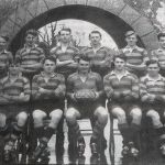 Launceston College Rugby team 1952-53. Back row, left to right: Peter Hurdon, Micky Pender, Alan Fitter, Ernest Tucker, Jim Cocking, Roger Axford, Malcolm Frost and Terry Pethick. Front row, left to right: Agustus (Gus) Terrill, Graham Alford, Roy Slade, John Taskis (captain), Richard Pitman, Michael Martin and E. J. Mules. Launceston College Rugby team from 1952-53