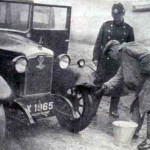Disenfecting a car at Broadwood after a foot and mouth outbreak in 1936.