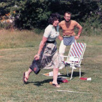 Betty Issleib taking part a a 'welly' throwing contest. Photo courtesy of Laura Garrett.