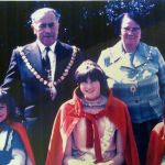 Egloskerry Revel 1977/78 with Launceston Mayor Reg Parker and Mayoress Mary Parker in the front are Alison Wilby, Audrey Pyke, and Hayley Aldridge.