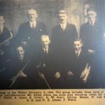 Launceston Wesleyan Orchestra in 1934 having been formed 4 years previous. Back row left to right: F. Worth (Saxaphone), A. Johns (Violin), E. Gilbert (Bass), H. Pearn (Cello). Front row: W. Folley (Clarinet), E. Folley (Flute), S. G. Adams (Violin), leader, W. H. Adams (Cornet), and P. Worth (Piano).