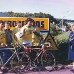 Ruth Sleeman with Mike Shopland and Lester Lashbrook after their sponsered ride from John-o-Groats to Lands End at Dalgety-Crossfields Mill, Lifton.