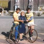 Ruth Sleeman with Mike Shopland and Lester Lashbrook after their sponsered ride from John-o-Groats to Lands End at Dalgety-Crossfields Mill, Lifton.