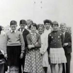 Tregadillet school trip 1957 Plymouth Hoe - Edward Aze, Elaine Aze, Ann Yole, Geraldine Prout, Jean Dingle, Roger Prout, Dabina Taylor abd Doug Panell. Photo coutrtesy of Jill Thomas.