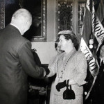 Mayoress Gwendoline Robins greets a delegate at the civic reception for the Royal visit in 1956. Mayoress Gwendoline Robins greets a delegate at the civic reception for the Royal visit in 1956.